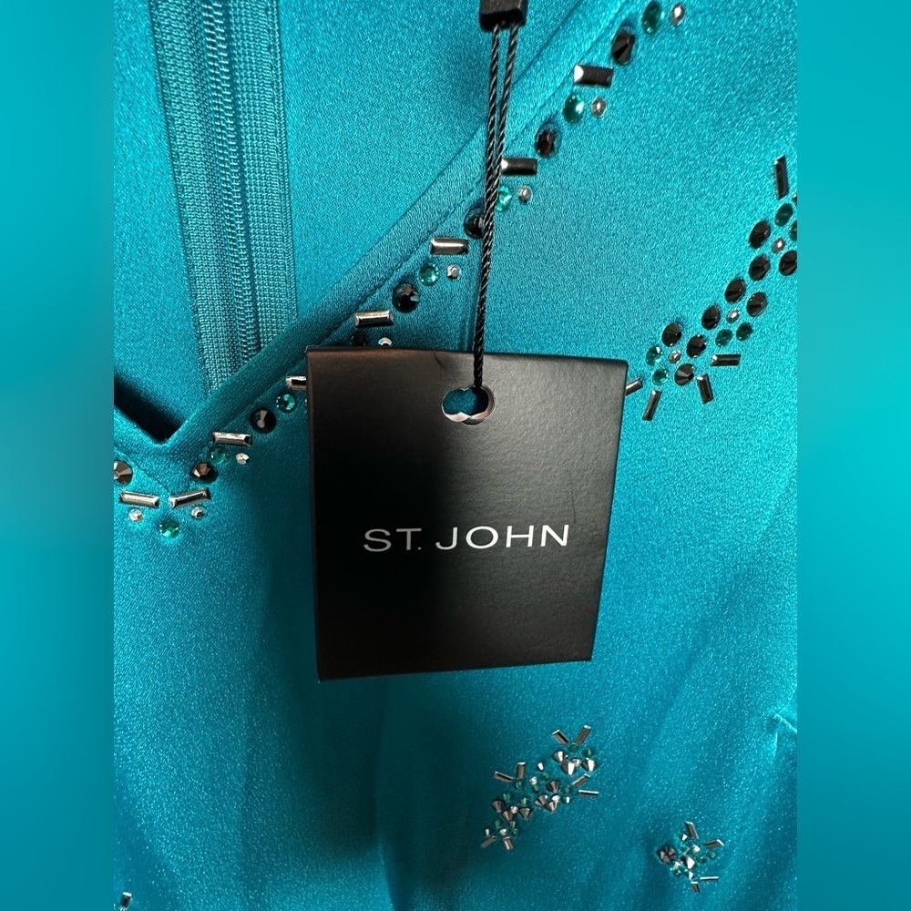 St. John Turquoise Embellished Ensemble 3 piece,pants size 10 blouse size large - Picture 5 of 17